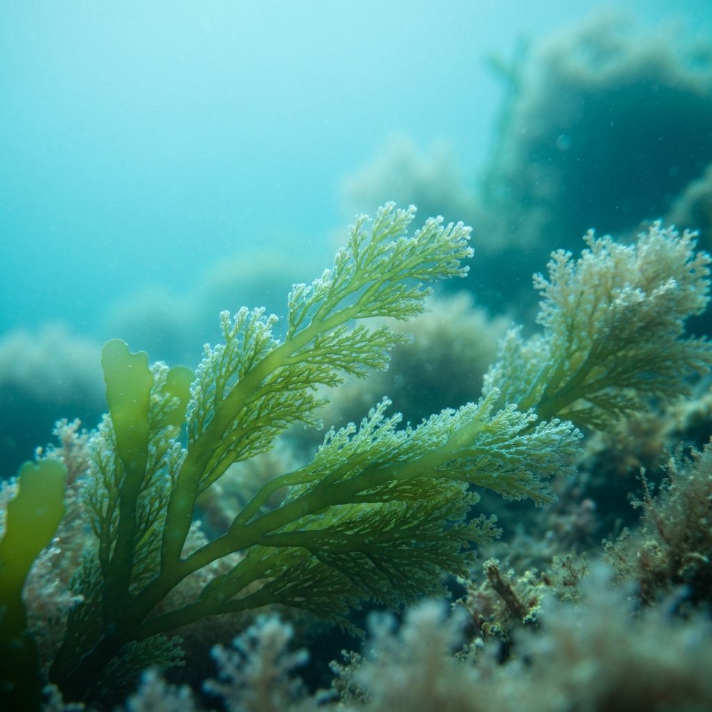 Macro fotografía de algas marinas y texturas botánicas